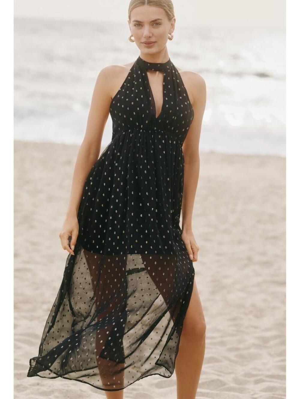 NWT Anthropologie Celandine Beach Disco Maxi Dress plunging halter BLACK GOLD M